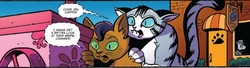 Size: 864x235 | Tagged: safe, artist:andy price, idw, official comic, capper dapperpaws, chummer, observer (g4), abyssinian, cat, pony, anthro, g4, my little pony: the movie, my little pony: the movie prequel, spoiler:comic, anthro with ponies, male, speech bubble, whispering