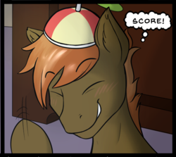 Size: 583x519 | Tagged: safe, artist:dark candle, button mash, pony, comic:game over, g4, beanie, blushing, comic, cropcon, cropped, explicit source, hat