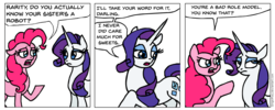 Size: 944x376 | Tagged: safe, artist:gingerfoxy, pinkie pie, rarity, earth pony, pony, unicorn, pony comic generator, g4, comic, implied sweetie bot