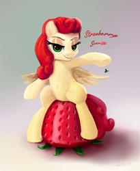 Size: 2104x2562 | Tagged: safe, artist:xbi, strawberry sunrise, pegasus, pony, g4, honest apple, belly button, female, food, high res, lidded eyes, looking at you, sitting, smiling, smirk, solo, strawberry