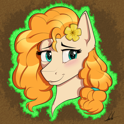 Size: 1544x1544 | Tagged: safe, artist:hgdsn-the-brony, pear butter, earth pony, pony, g4, the perfect pear, bust, cute, female, flower, flower in hair, looking at each other, solo