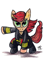 Size: 255x351 | Tagged: safe, artist:altworld, earth pony, pony, black widow (marvel), female, mare, marvel comics, ponified, solo, superhero landing, traditional art