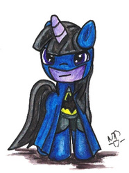 Size: 256x344 | Tagged: safe, artist:altworld, pony, unicorn, batman, cape, clothes, costume, cute, dc comics, female, mare, mask, ponified, simple background, smiling, traditional art, white background
