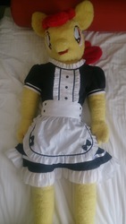 Size: 3920x2204 | Tagged: safe, artist:pixie panda plush, artist:redness, apple bloom, anthro, g4, anthro plushie, bed, clothes, female, high res, irl, maid, photo, plushie, solo