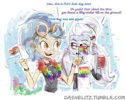 Size: 811x650 | Tagged: safe, artist:manic-the-lad, indigo zap, sugarcoat, equestria girls, g4, a dash of everything, cup, duo, ear piercing, earring, female, flag, gay pride, gay pride flag, glasses, goggles, jewelry, lovewins, open mouth, piercing, pride, pride flag, pride month, rainbows, sketch, smiling