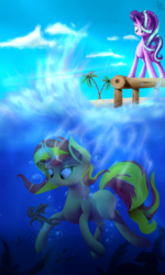 Size: 3000x5000 | Tagged: safe, artist:quefortia, starlight glimmer, sunset shimmer, pony, unicorn, g4, beach, high res, irony, not fiery shimmer, sky, smiling, swimming, underwater