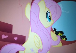 Size: 1361x966 | Tagged: safe, screencap, fluttershy, pegasus, pony, g4, sonic rainboom (episode), butt, female, mare, photo, picture of a screen, plot, solo