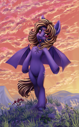 Size: 2400x3840 | Tagged: safe, artist:roadsleadme, oc, oc only, oc:butter cream, bat pony, dragonfly, pony, female, flower, flying, grass, high res, jewelry, necklace, solo, ych result