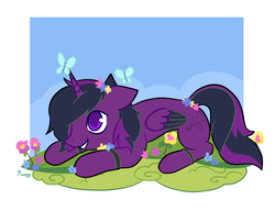 Size: 1243x955 | Tagged: safe, artist:morgana, oc, oc only, alicorn, butterfly, pony, flower, flower in hair, kilroy was here, ych result