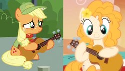 Size: 628x356 | Tagged: safe, applejack, pear butter, earth pony, pony, g4, the mane attraction, the perfect pear, guitar, like mother like daughter, like parent like child