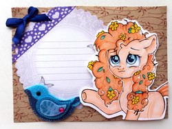 Size: 1280x960 | Tagged: safe, artist:rizzych, pear butter, bird, pony, g4, the perfect pear, card, cute, female, flower, pearabetes, postcard, redraw, ribbon, solo, sticker, traditional art