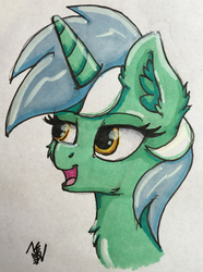 Size: 2515x3386 | Tagged: safe, artist:nighty, lyra heartstrings, pony, unicorn, g4, bust, ear fluff, female, high res, mare, open mouth, portrait, smiling, solo, traditional art