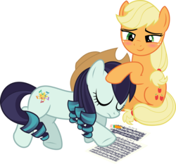 Size: 5228x4867 | Tagged: safe, artist:jhayarr23, applejack, coloratura, earth pony, pony, g4, absurd resolution, accessory swap, applejack's hat, blushing, cowboy hat, cuddling, eyes closed, female, hat, lesbian, mare, paper, pencil, ship:rarajack, shipping, simple background, sleeping, transparent background, vector