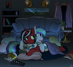Size: 6989x6473 | Tagged: safe, artist:roy, derpibooru exclusive, oc, oc only, oc:phantom, oc:storm feather, pony, absurd resolution, blanket, clothes, couch, cuddling, gay, indoors, living room, male, pillow, red and black oc, scarf, shared clothing, shared scarf, stallion, watching tv, window