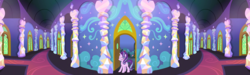 Size: 3840x1151 | Tagged: safe, edit, edited screencap, screencap, starlight glimmer, pony, unicorn, celestial advice, g4, the crystalling, arch, carpet, clothes, cloud, crossroads, crystal, door, doorway, female, hallway, heart, lamp, mare, mural, offscreen character, panorama, pillar, reversed, solo, starlight's room, stars, twilight's castle, window