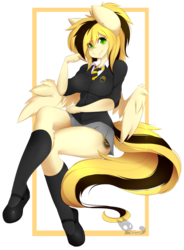 Size: 800x1086 | Tagged: safe, artist:teranen, oc, oc only, pegasus, anthro, anthro oc, art trade, breasts, clothes, colored pupils, crossed legs, cute, female, harry potter (series), hufflepuff, looking at you, mare, mary janes, miniskirt, moe, pleated skirt, school uniform, shoes, simple background, skirt, skirt lift, smiling, socks, thighs, transparent background