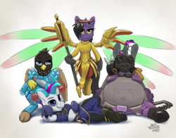 Size: 1629x1280 | Tagged: safe, artist:northernsprint, oc, oc only, oc:cardinal, oc:keychains, oc:rivibaes, oc:solo jazz, pony, clothes, cosplay, costume, crossover, junkrat, mercy, overwatch, pharah, roadhog (overwatch), solo jazz