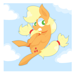 Size: 1122x1112 | Tagged: safe, artist:redrose26, applejack, earth pony, pony, g4, cloud, falling, female, gritted teeth, hatless, missing accessory, solo