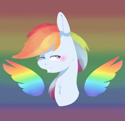 Size: 2512x2430 | Tagged: safe, artist:cloudyhills, rainbow dash, pegasus, pony, g4, colored wings, female, gritted teeth, high res, multicolored wings, rainbow, rainbow background, rainbow wings, smiling, solo, wings