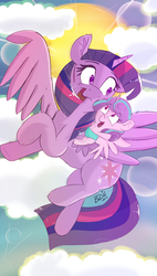Size: 2900x5100 | Tagged: safe, artist:bow2yourwaifu, princess flurry heart, twilight sparkle, alicorn, pony, a flurry of emotions, g4, aunt, aunt and niece, best aunt ever, cloud, cloudy, ear fluff, female, flurry heart riding twilight, flying, happy, high res, mare, open mouth, ponies riding ponies, riding, sky, sun, twilight is bae, twilight sparkle (alicorn)