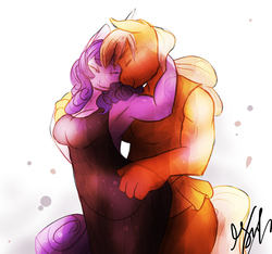 Size: 4352x4075 | Tagged: dead source, safe, artist:shellielle, applejack, rarity, earth pony, unicorn, anthro, g4, absurd resolution, alternate universe, armpits, breasts, cleavage, clothes, cute, dress, eyes closed, female, hug, hug from behind, lesbian, mare, ship:rarijack, shipping, signature, simple background, tank top