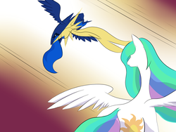 Size: 1024x768 | Tagged: safe, artist:4as, princess celestia, princess luna, pony, g4, both cutie marks, butt, eyes closed, fight, magic, plot, spread wings, wings
