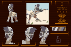 Size: 3000x2000 | Tagged: safe, artist:atane27, oc, oc only, oc:ahrim, pony, zebra, fallout equestria, bandaid, bandana, cigarette, facial hair, goatee, goggles, grin, gun, high res, hooves, male, optical sight, piercing, reference sheet, rifle, saddle bag, scar, smiling, smoking, sniper rifle, sniperskya vintovka dragunova, solo, stallion, stats, svd, teeth, text, weapon