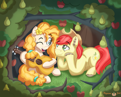 Size: 2500x2000 | Tagged: safe, artist:floofyfoxcomics, bright mac, pear butter, earth pony, pony, g4, the perfect pear, apple, female, food, guitar, high res, male, previous generation, ship:brightbutter, shipping, straight