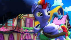 Size: 3840x2160 | Tagged: safe, artist:dj-chopin, bow hothoof, pegasus, pony, g4, parental glideance, 3d, clothes, high res, male, ponyville, serious, serious face, solo, source filmmaker, stallion