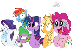 Size: 1414x1000 | Tagged: safe, artist:emositecc, applejack, fluttershy, pinkie pie, rainbow dash, rarity, spike, twilight sparkle, alicorn, dragon, earth pony, pegasus, pony, unicorn, g4, :i, expressions, eyes closed, female, floppy ears, handkerchief, happy, male, mane seven, mane six, mare, nose blowing, reactions, simple background, smiling, tissue, twilight sparkle (alicorn), varying degrees of want, wat, white background