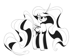 Size: 3314x2582 | Tagged: safe, artist:ogaraorcynder, princess celestia, alicorn, pony, g4, curved horn, female, high res, horn, mare, missing accessory, monochrome, simple background, smiling, solo, white background