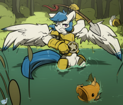 Size: 2327x1986 | Tagged: safe, artist:bbsartboutique, oc, oc only, oc:delta dart, fish, hippogriff, armor, armpits, badge, bush, fishing, forest, gauntlet, helmet, male, one eye closed, royal guard, royal guard armor, solo, spear, spread wings, talons, tree, water, weapon, wings