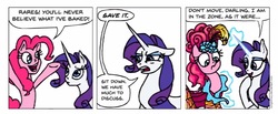 Size: 971x399 | Tagged: safe, artist:gingerfoxy, pinkie pie, rarity, earth pony, pony, unicorn, pony comic generator, g4, clothes, comic, glowing, glowing horn, horn, magic, telekinesis