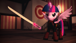 Size: 1920x1080 | Tagged: safe, artist:razethebeast, twilight sparkle, alicorn, pony, g4, 3d, clothes, female, looking at you, magic, mare, serious, serious face, solo, source filmmaker, spread wings, sword, sword of magic, twilight sparkle (alicorn), weapon, wings