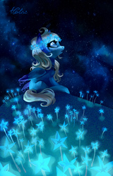 Size: 1516x2362 | Tagged: safe, artist:holivi, oc, oc only, pegasus, pony, commission, cute, female, floral head wreath, flower, hill, looking up, mare, night, night sky, sky, solo, stargazing, starry night, stars