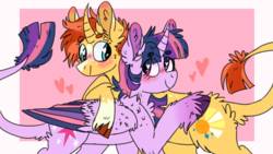 Size: 1200x675 | Tagged: safe, artist:wanderingpegasus, sunburst, twilight sparkle, alicorn, classical unicorn, pony, unicorn, g4, blushing, chest fluff, cloven hooves, colored wings, colored wingtips, curved horn, ear fluff, female, fluffy, heart, heart eyes, horn, hug, leonine tail, male, mare, ship:twiburst, shipping, stallion, straight, twilight sparkle (alicorn), unshorn fetlocks, wingding eyes