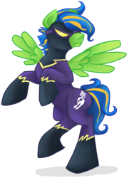 Size: 504x697 | Tagged: safe, artist:chromaflow, oc, oc only, oc:chroma flow, pegasus, pony, clothes, costume, male, rearing, shadowbolts costume, simple background, solo, stallion, standing, standing on one leg, transparent background