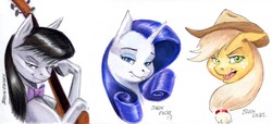 Size: 1300x592 | Tagged: safe, artist:baron engel, applejack, octavia melody, rarity, earth pony, pony, unicorn, g4, cello, colored pencil drawing, female, mare, musical instrument, simple background, traditional art, trio, white background