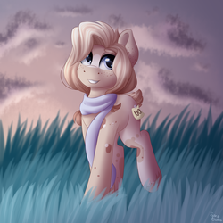 Size: 2000x2000 | Tagged: safe, artist:spirit-dude, oc, oc only, earth pony, pony, art trade, blank flank, clothes, female, grass, high res, mare, scarf, solo, twilight (astronomy), walking