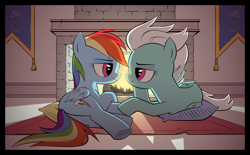 Size: 2864x1779 | Tagged: safe, artist:php104, fleetfoot, rainbow dash, pegasus, pony, g4, bedroom eyes, commission, commissioner:fleetfoot, duo, female, fireplace, flag, fleetdash, hoof hold, lesbian, looking at each other, mare, pillow, rug, shipping