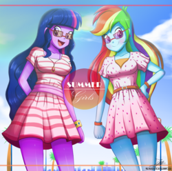 Size: 1304x1296 | Tagged: safe, artist:the-butch-x, rainbow dash, sci-twi, twilight sparkle, equestria girls, g4, breasts, clothes, cloud, commission, cute, dashabetes, dress, duo, ear piercing, earring, jewelry, loose hair, multicolored hair, piercing, rainbow dash always dresses in style, sky, smiling, summer dress, sunglasses, twiabetes