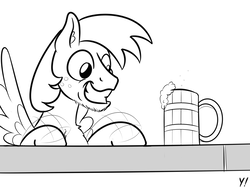 Size: 2000x1500 | Tagged: safe, artist:yakoshi, oc, oc only, oc:ginger ale, pegasus, pony, cider, facial hair, grin, male, monochrome, smiling, solo, stallion