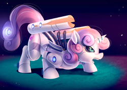 Size: 1400x990 | Tagged: safe, artist:bakki, sweetie belle, pony, robot, robot pony, unicorn, commission, cutie mark, energy weapon, female, filly, foal, gun, hooves, horn, open mouth, solo, sweetie bot, teeth, the cmc's cutie marks, weapon