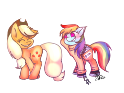 Size: 2000x1500 | Tagged: safe, artist:tomatoesforlife, applejack, rainbow dash, earth pony, pegasus, pony, g4, b-f16, blushing, bound wings, chains, clothes, cuffs, embarrassed, prison outfit, prisoner rd, shackles, smiling