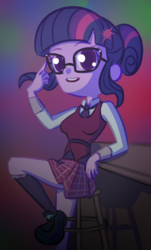 Size: 512x850 | Tagged: safe, artist:rockset, sci-twi, twilight sparkle, equestria girls, g4, clothes, cute, female, glasses, hair bun, moe, open mouth, pleated skirt, shoes, skirt, skirt lift, socks, solo