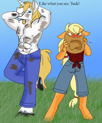 Size: 750x900 | Tagged: safe, artist:zee-stitch, applejack, prince blueblood, anthro, unguligrade anthro, g4, arm behind head, blushing, clothes, dirty, female, floppy ears, grin, hat, jeans, male, pants, partial nudity, ship:bluejack, shipping, shirt, smiling, straight, topless, unamused, unshorn fetlocks
