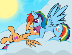 Size: 3300x2550 | Tagged: safe, artist:skyflys, rainbow dash, scootaloo, pegasus, pony, g4, cloud, cute, cutealoo, dashabetes, duo, female, filly, gritted teeth, happy, high res, hug, looking at each other, looking down, looking up, mare, on back, prone, scootalove, side view, smiling, snuggling, spread wings, sun, wings