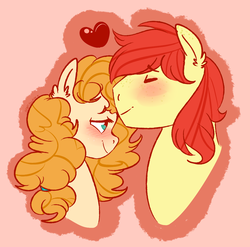 Size: 1024x1011 | Tagged: dead source, safe, artist:soft-arthropod, bright mac, pear butter, earth pony, pony, g4, the perfect pear, blushing, cute, female, heart, husband and wife, male, mare, ship:brightbutter, shipping, stallion, straight