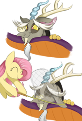 Size: 2013x2979 | Tagged: safe, artist:lcpegasister75, discord, fluttershy, butterfly, draconequus, pegasus, pony, discordant harmony, g4, 2 panel comic, ^^, butterfly net, comic, cute, discute, eyes closed, female, high res, male, scene interpretation, ship:discoshy, shipping, smiling, straight