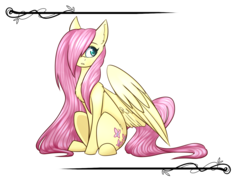 Size: 1400x1000 | Tagged: safe, artist:alphaaquilae, fluttershy, pegasus, pony, g4, female, hair over one eye, long mane, looking away, looking sideways, mare, simple background, sitting, solo